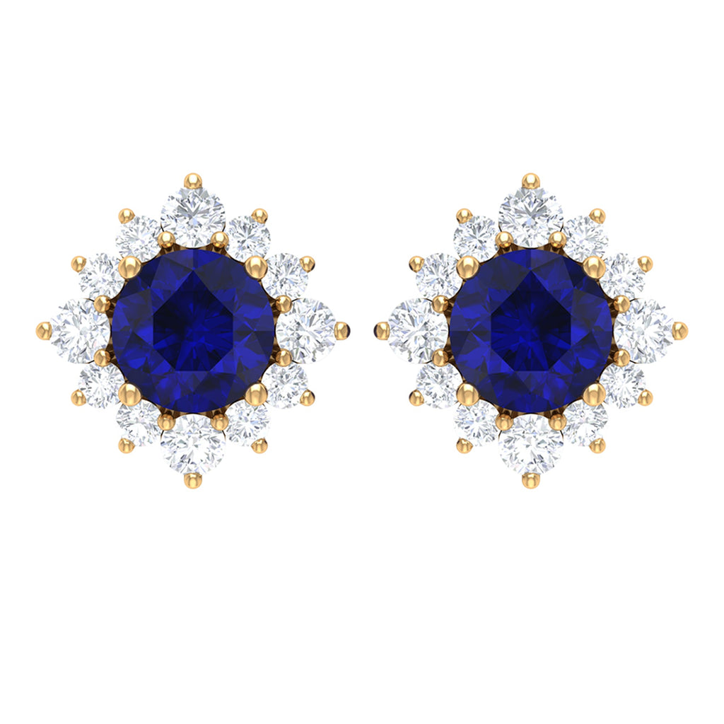 Genuine 0.8 Carat Blue Sapphire Stud Earrings with Diamond Halo