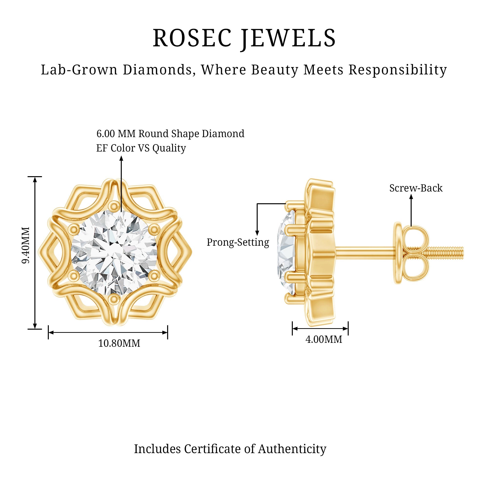 Lab Grown Diamond 1 Carat Stud Earrings With Screw Back