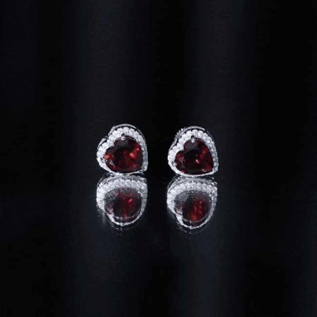 Natural 8 MM Garnet Heart Stud Earrings with Moissanite Halo