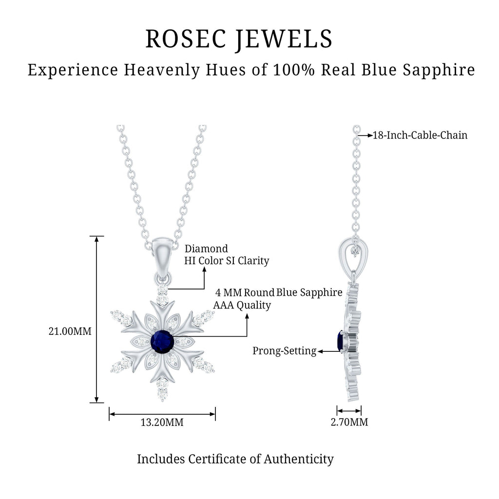 Contemporary Blue Sapphire and Diamond Snowflake Pendant Necklace