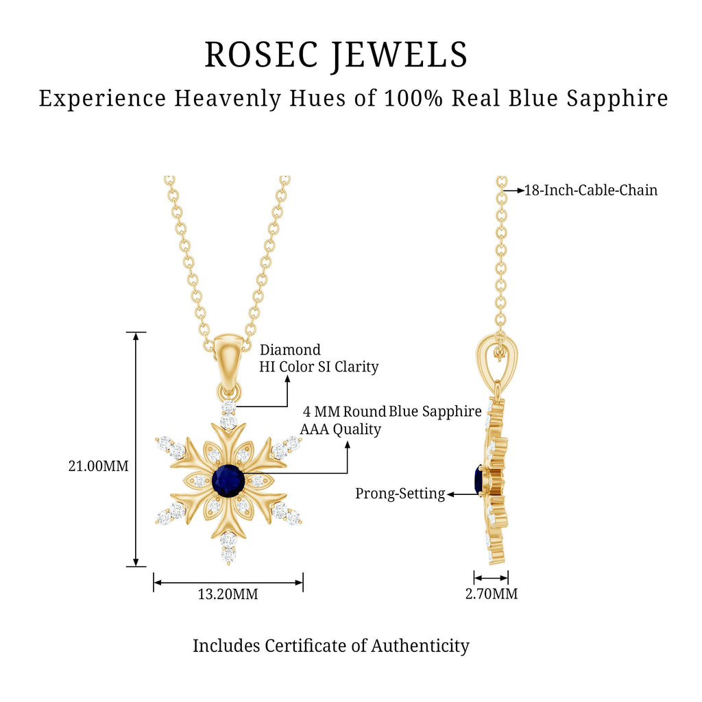 Contemporary Blue Sapphire and Diamond Snowflake Pendant Necklace