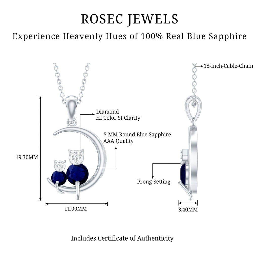 Genuine Blue Sapphire and Diamond Cat On Moon Necklace With Chain
