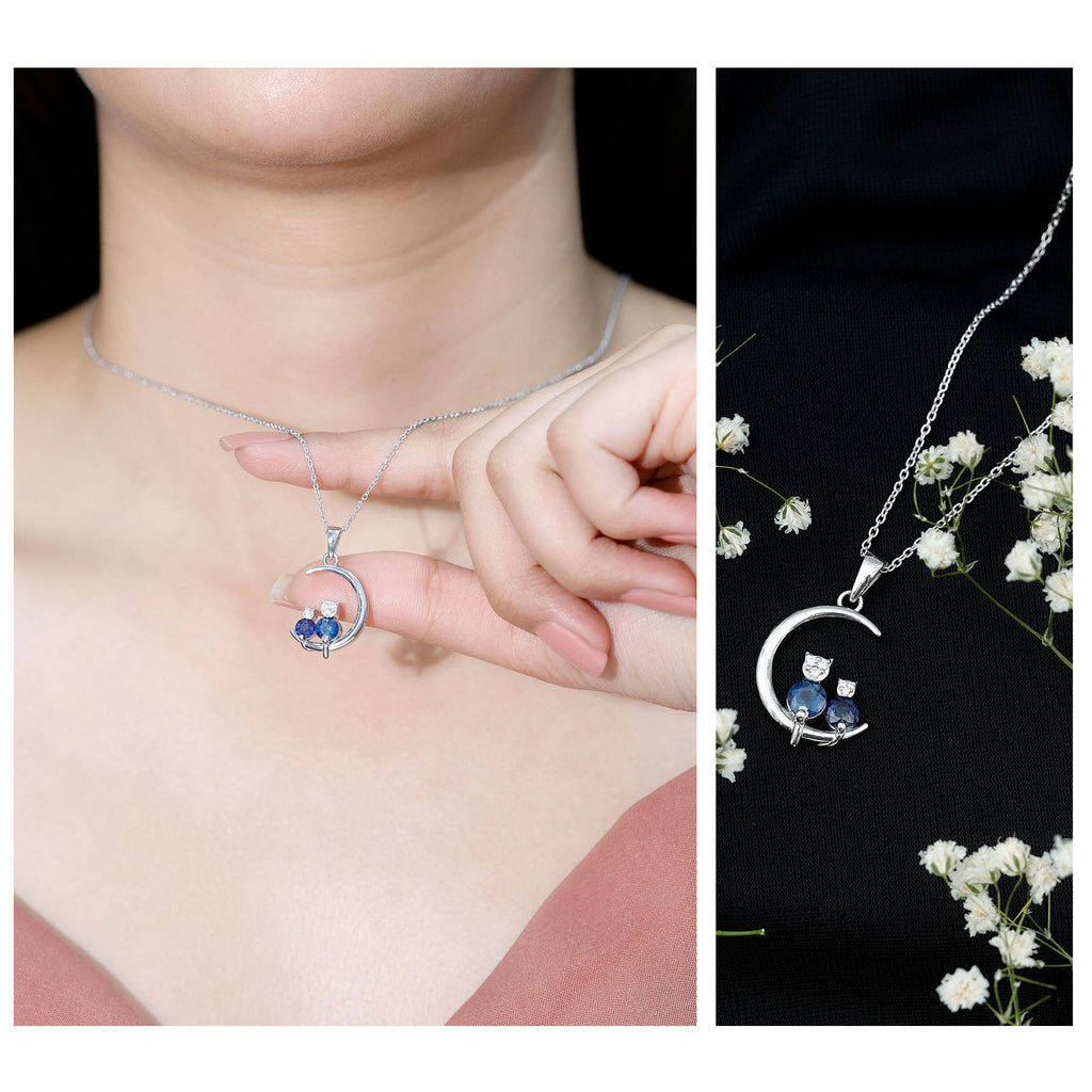 Genuine Blue Sapphire and Diamond Cat On Moon Necklace With Chain