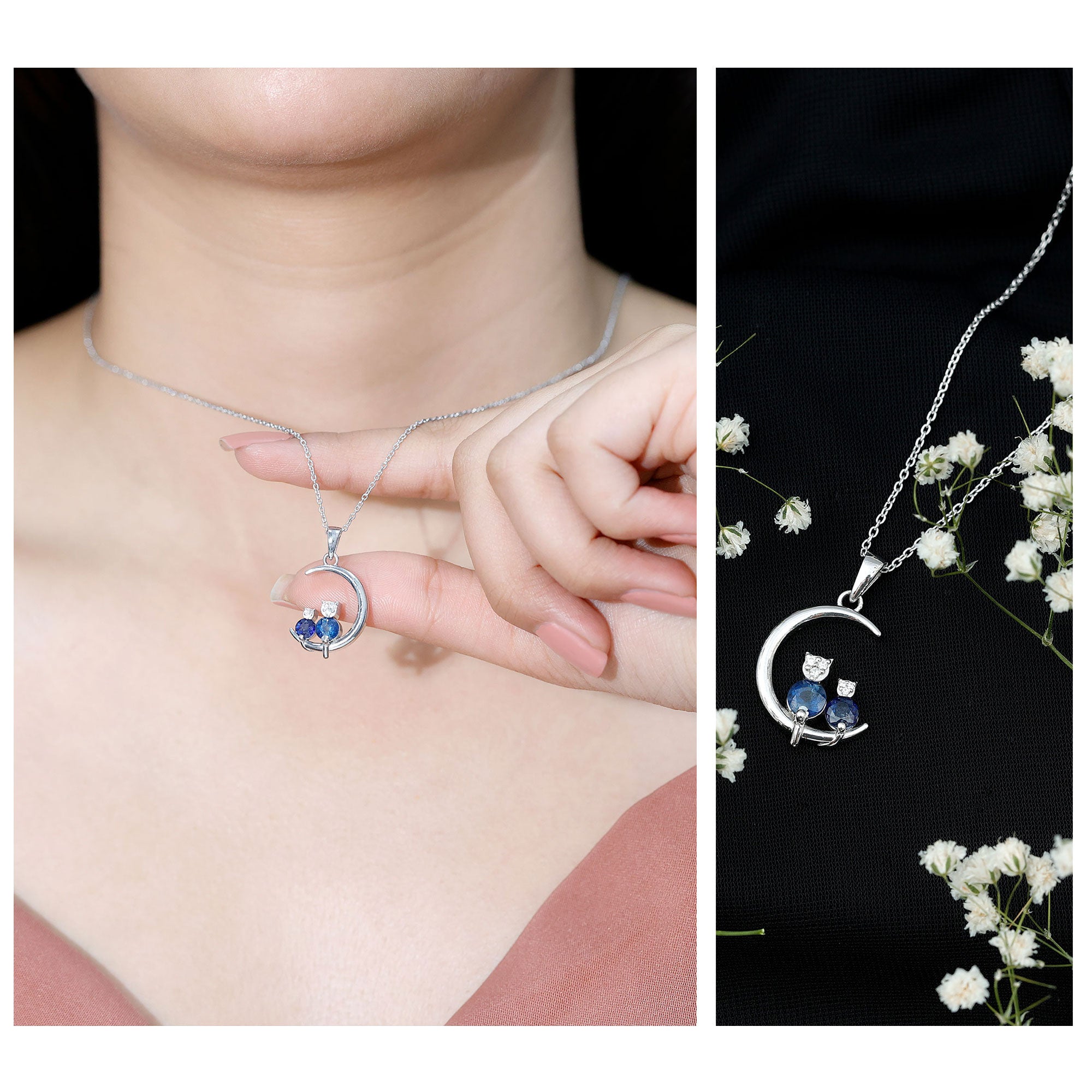 Genuine Blue Sapphire and Diamond Cat On Moon Necklace With Chain