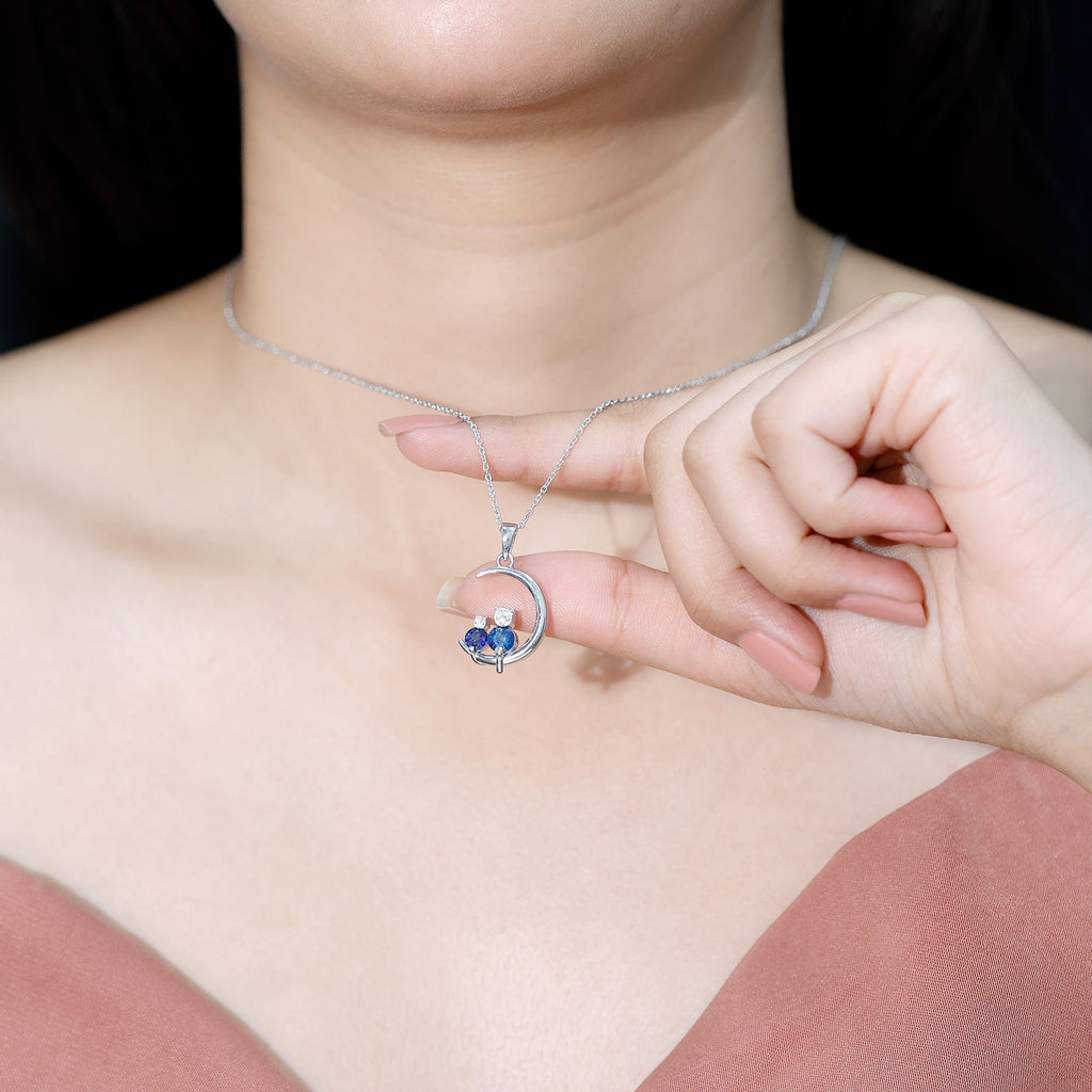 Genuine Blue Sapphire and Diamond Cat On Moon Necklace With Chain