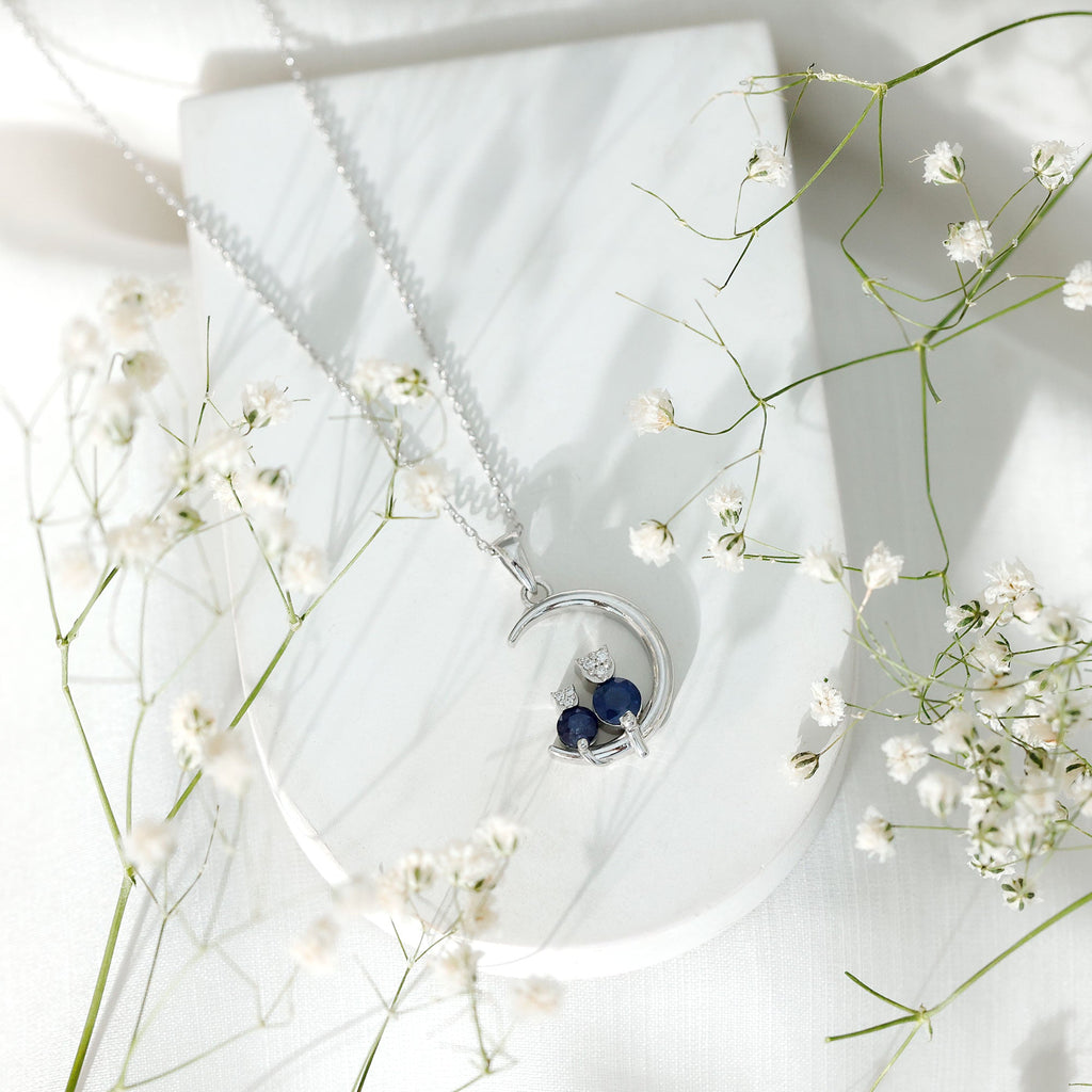 Genuine Blue Sapphire and Diamond Cat On Moon Necklace With Chain
