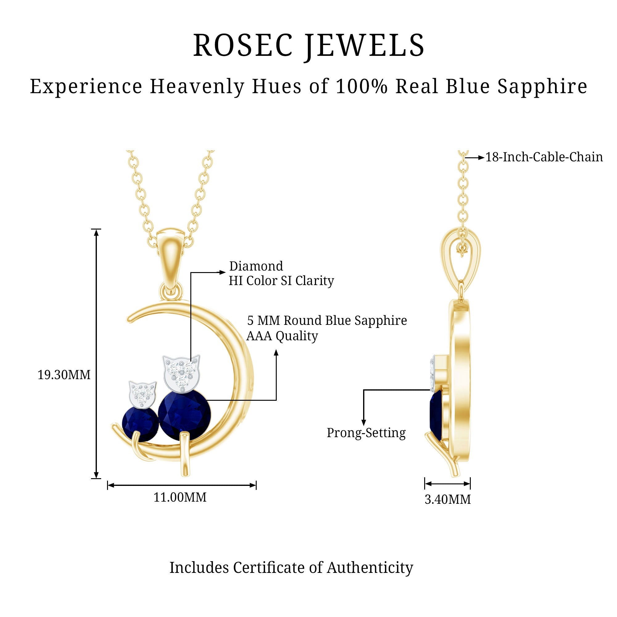 Genuine Blue Sapphire and Diamond Cat On Moon Necklace With Chain