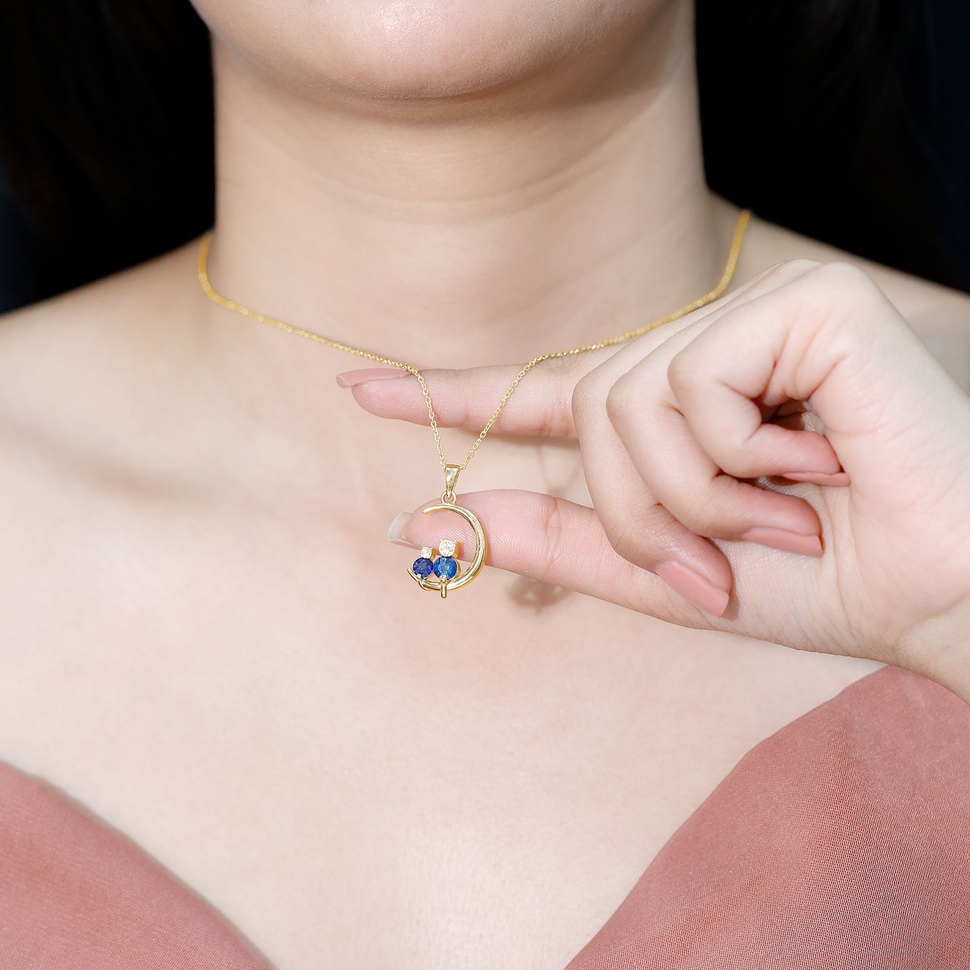 Genuine Blue Sapphire and Diamond Cat On Moon Necklace With Chain