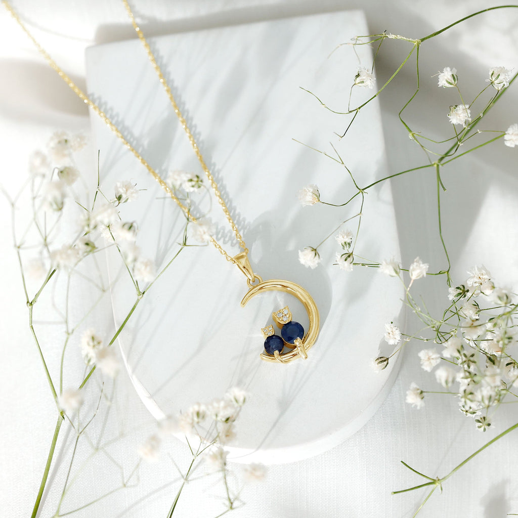 Genuine Blue Sapphire and Diamond Cat On Moon Necklace With Chain