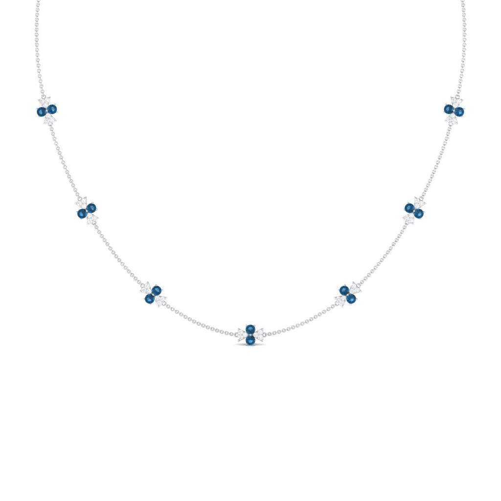 London Blue Topaz Station Chain Necklace with Moissanite
