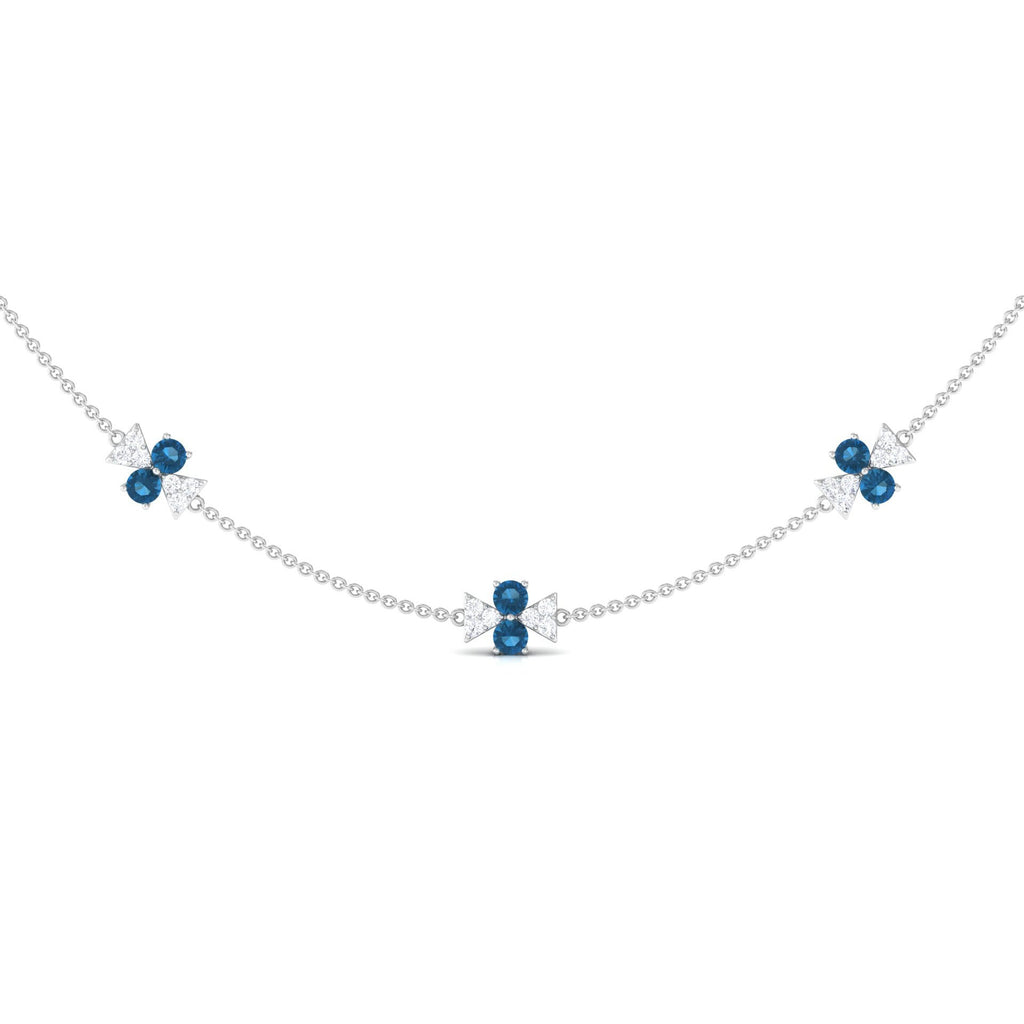 London Blue Topaz Station Chain Necklace with Moissanite