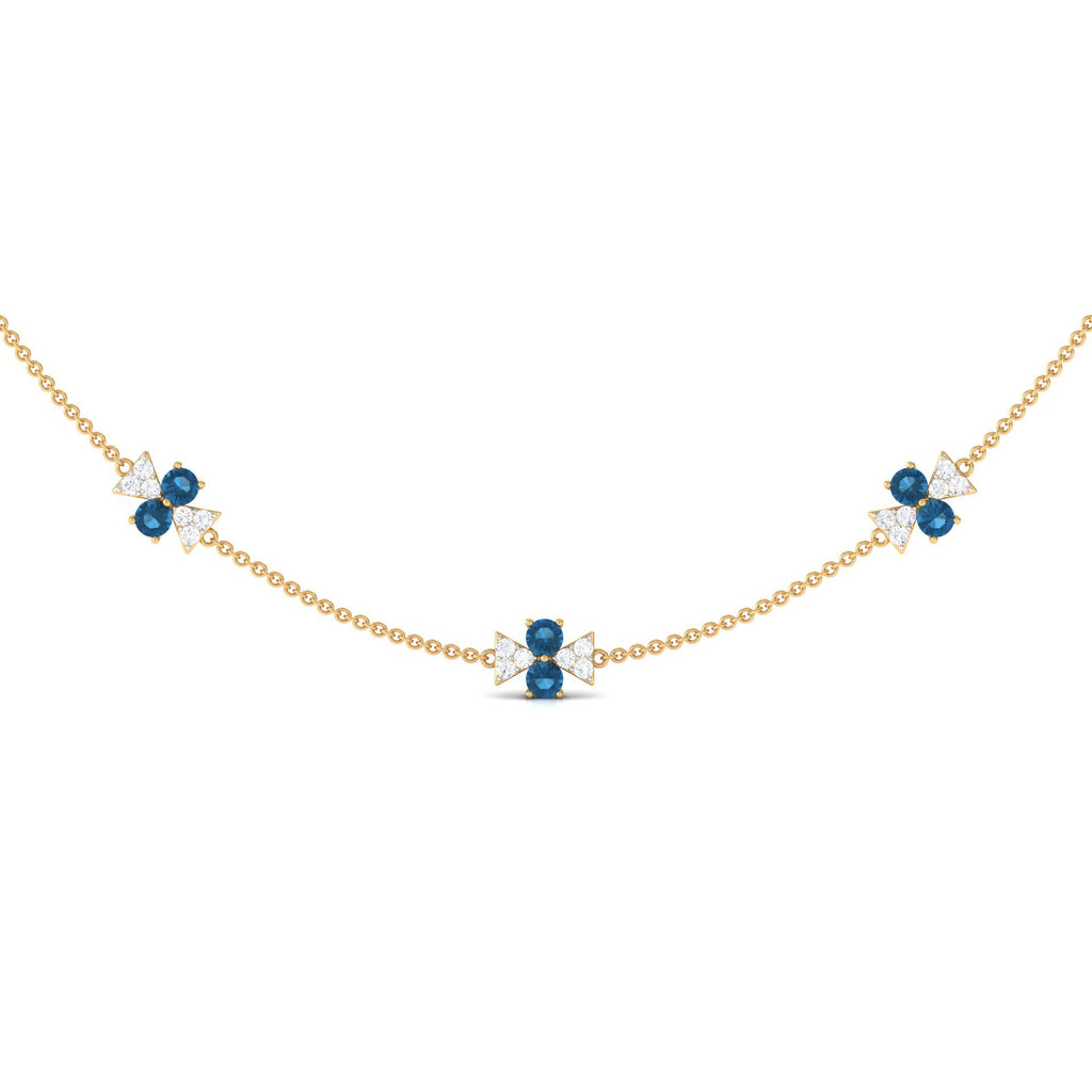 London Blue Topaz Station Chain Necklace with Moissanite