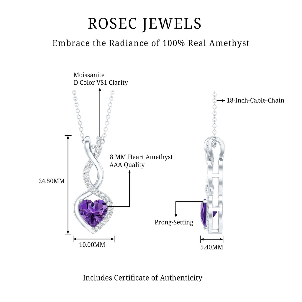 Certified 2 Carat Amethyst Infinity Heart Necklace with Silver Chain