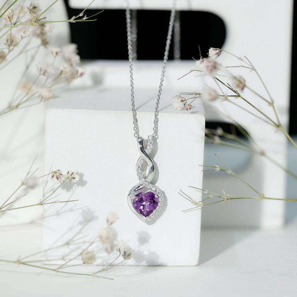 Certified 2 Carat Amethyst Infinity Heart Necklace with Silver Chain