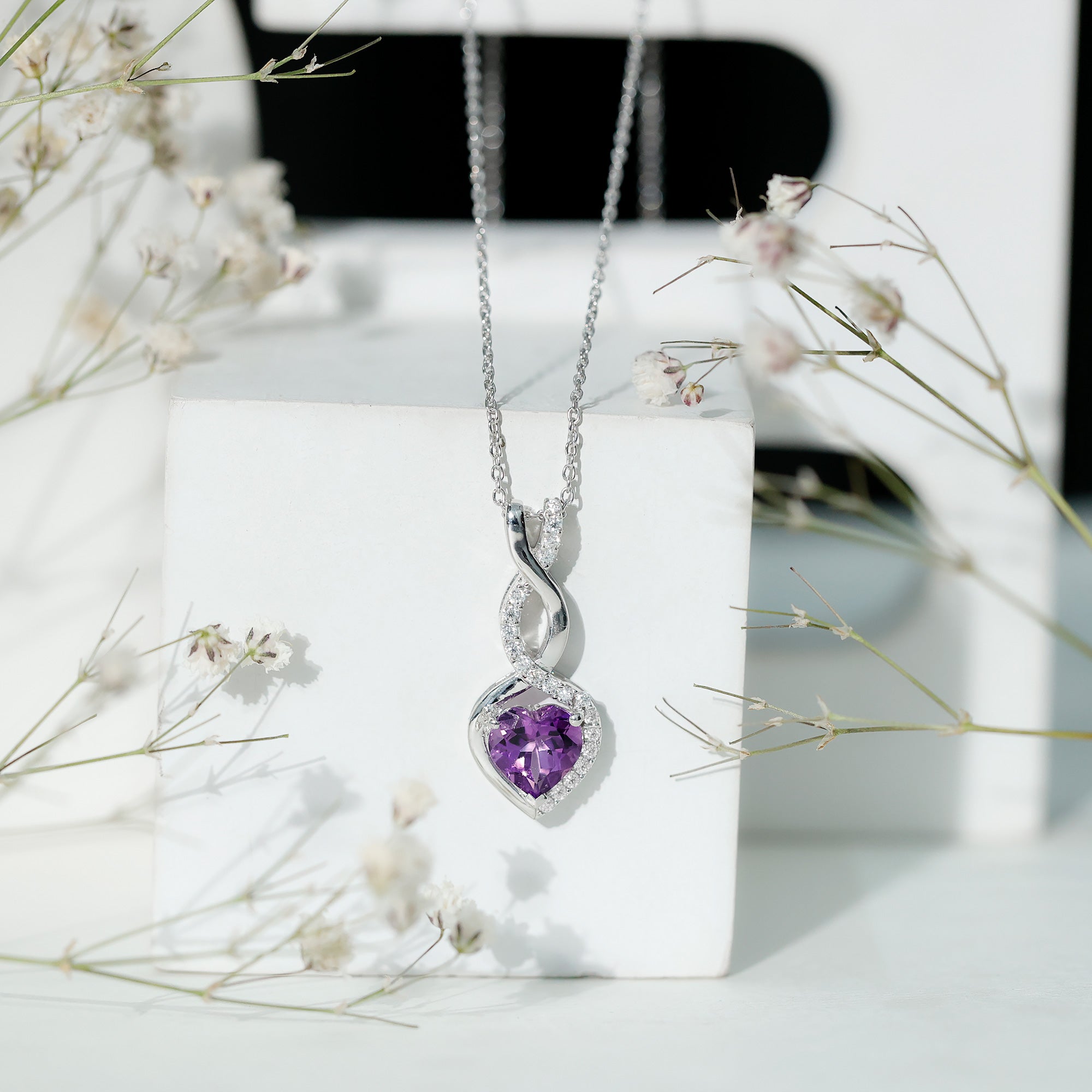 Certified 2 Carat Amethyst Infinity Heart Necklace with Silver Chain