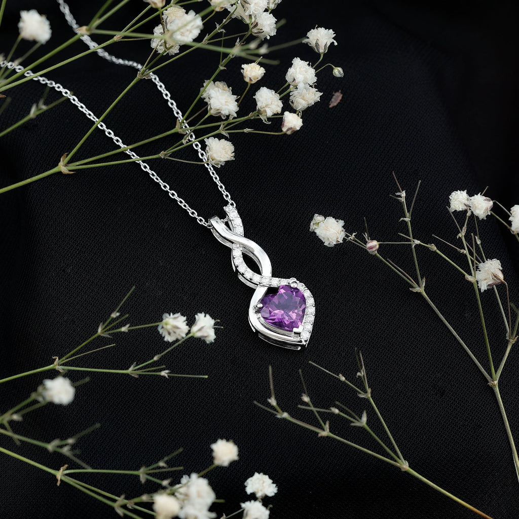 Certified 2 Carat Amethyst Infinity Heart Necklace with Silver Chain