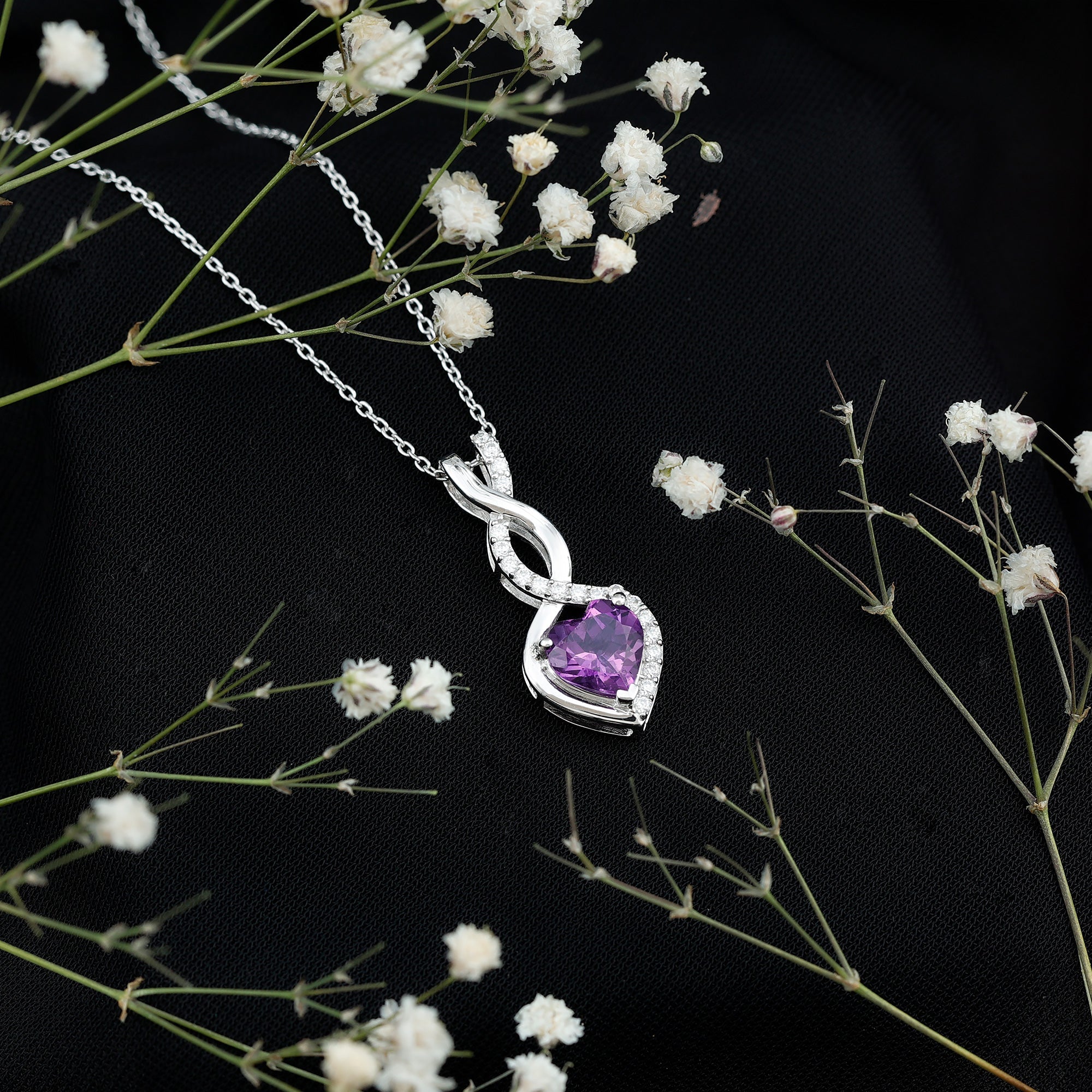 Certified 2 Carat Amethyst Infinity Heart Necklace with Silver Chain