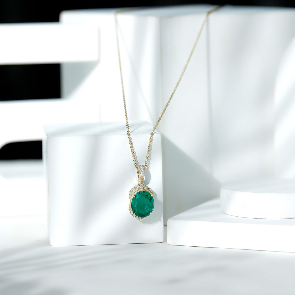 Art Deco Style 5 Carat Lab Grown Emerald Pendant Necklace with Diamond