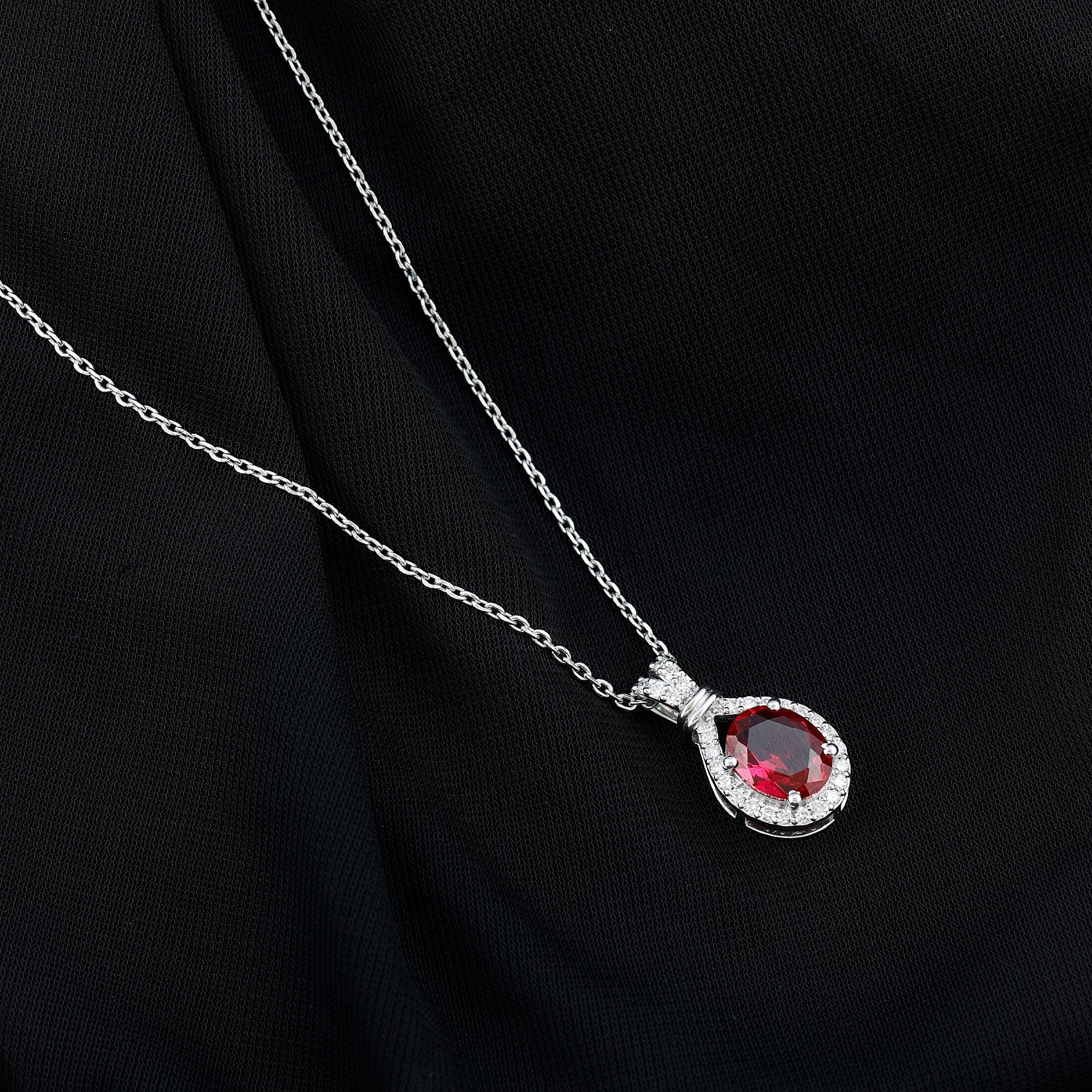 Classic Lab Grown Ruby Drop Pendant Necklace With Diamond Halo
