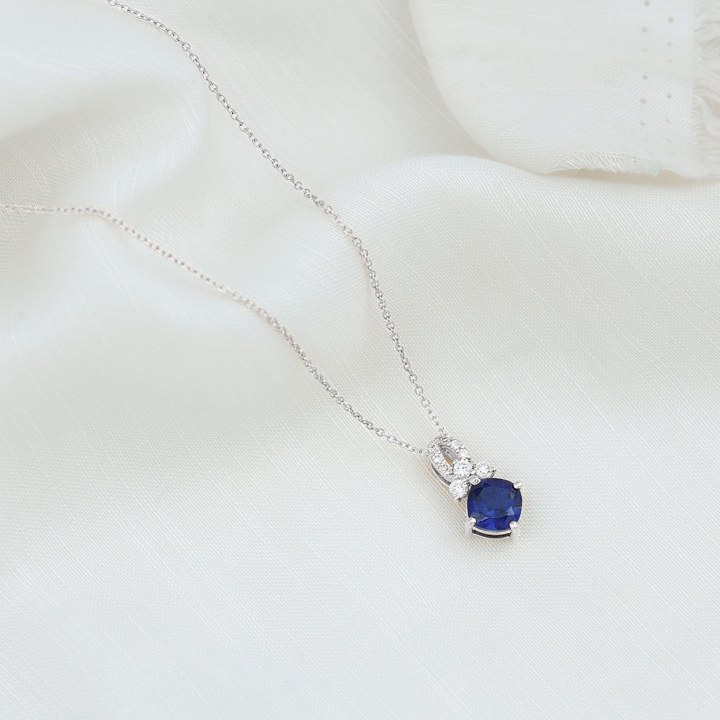 Cushion Cut Lab Grown Blue Sapphire Solitaire Necklace with Diamond