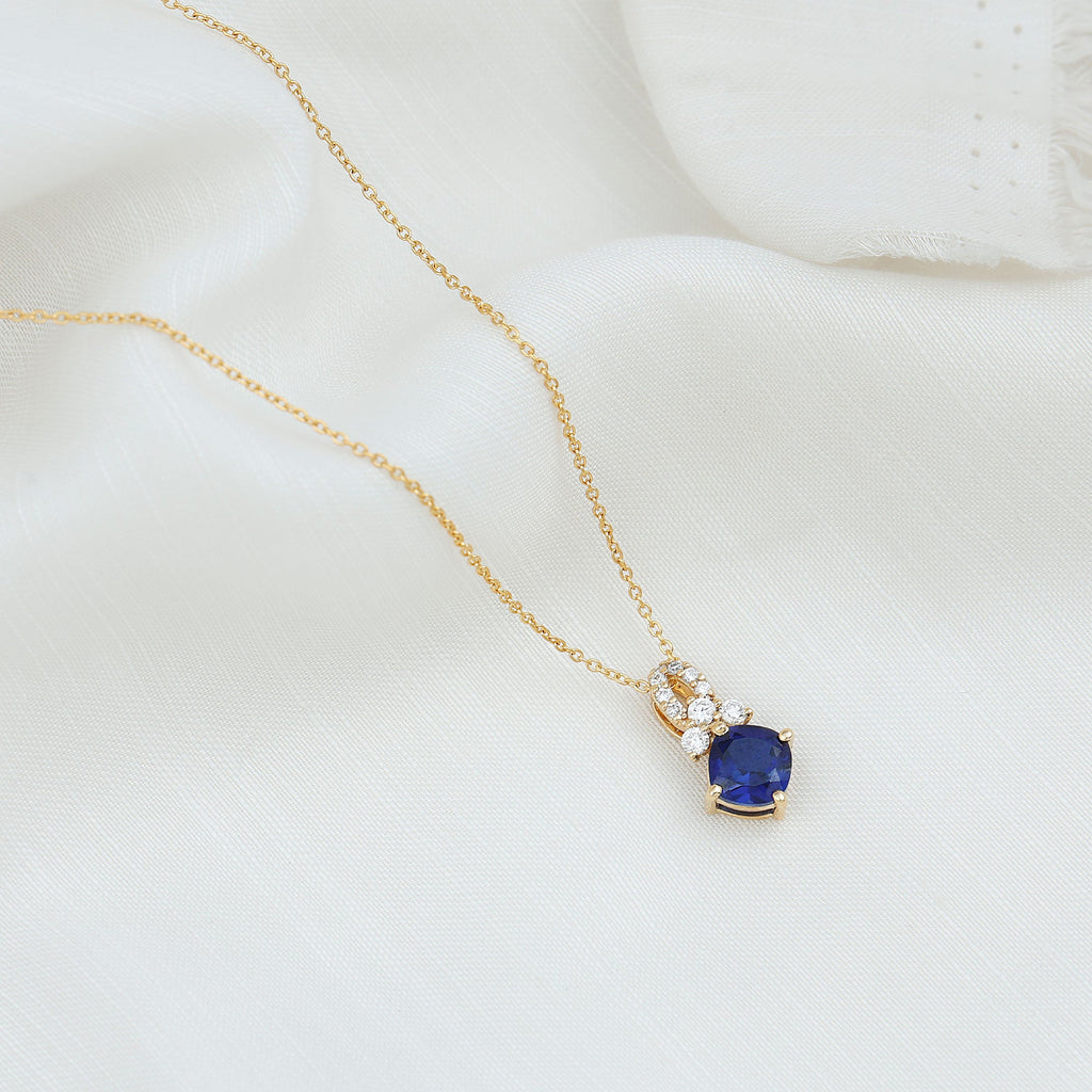 Cushion Cut Lab Grown Blue Sapphire Solitaire Necklace with Diamond
