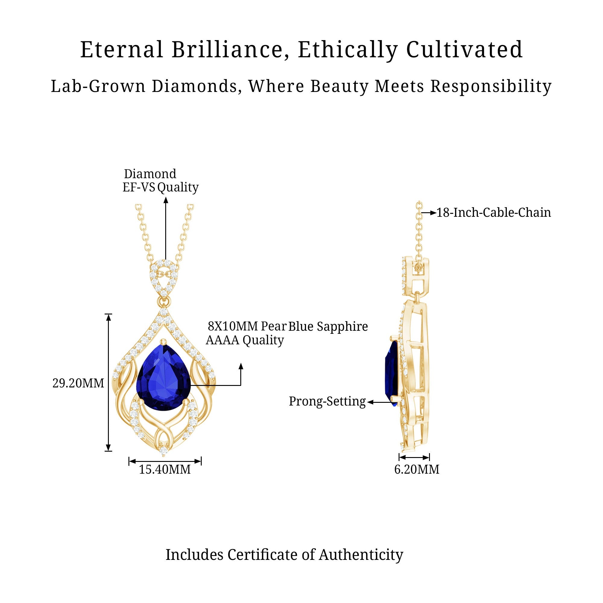 Certified Lab Grown Blue Sapphire Designer Necklace with Diamond Accent