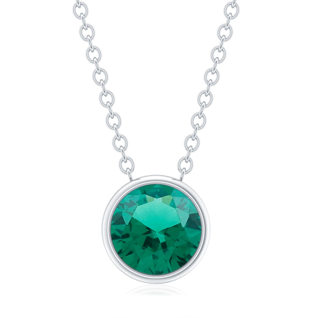 Bezel Set Lab Grown Emerald Solitaire Necklace With Silver Chain