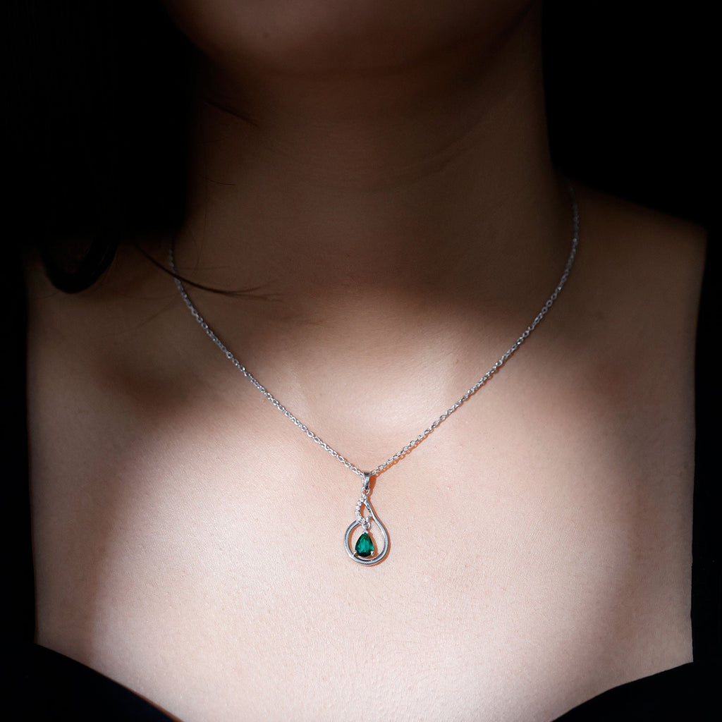Certified 0.7 Carat Lab Grown Emerald Teardrop Necklace with Chain