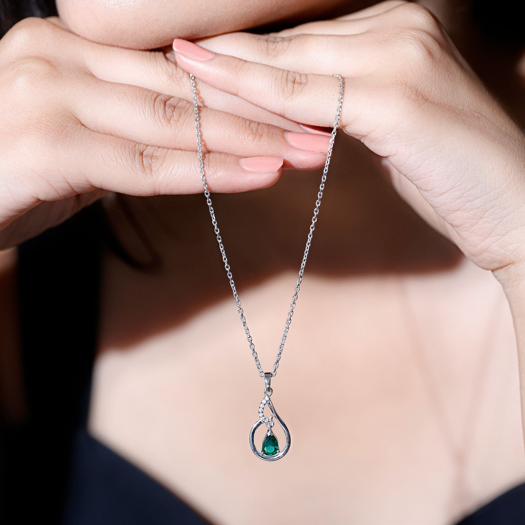 Certified 0.7 Carat Lab Grown Emerald Teardrop Necklace with Chain
