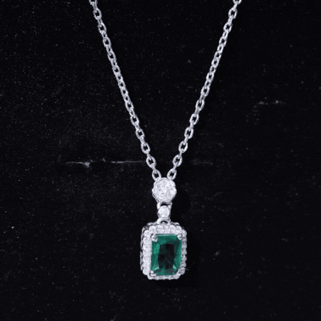 Vintage Style 1.6 Carat Lab Grown Emerald Necklace with Silver Chain