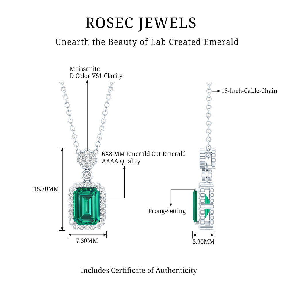 Vintage Style 1.6 Carat Lab Grown Emerald Necklace with Silver Chain