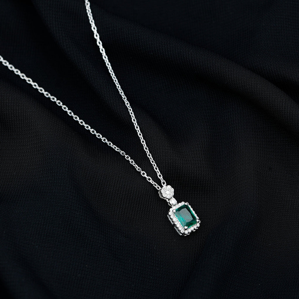 Vintage Style 1.6 Carat Lab Grown Emerald Necklace with Silver Chain