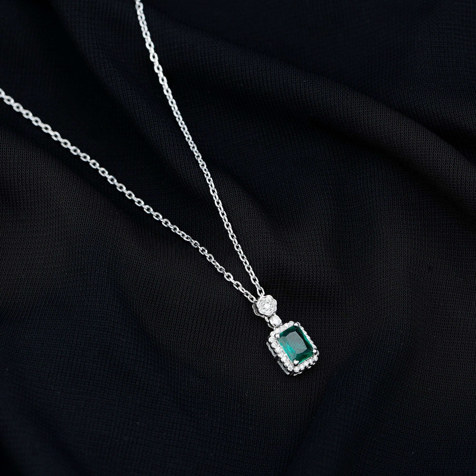 Vintage Style 1.6 Carat Lab Grown Emerald Necklace with Silver Chain