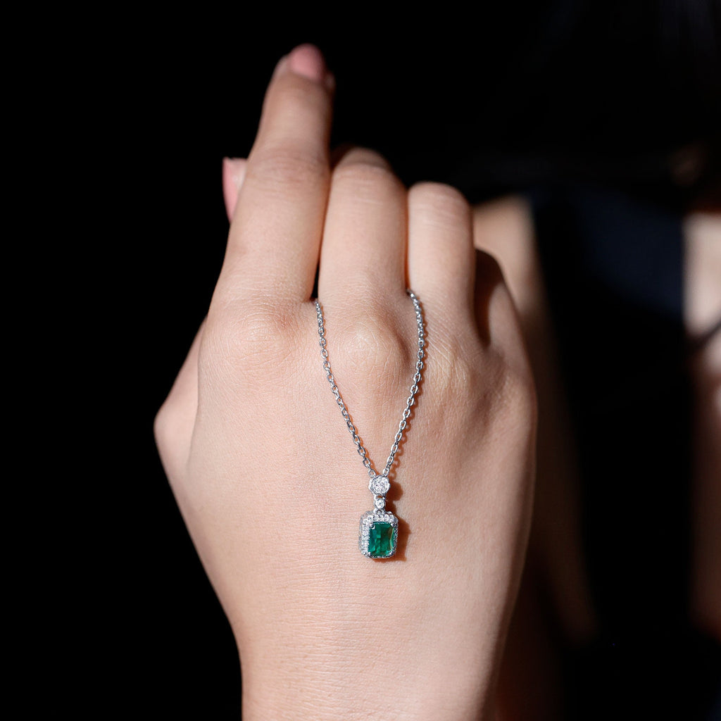 Vintage Style 1.6 Carat Lab Grown Emerald Necklace with Silver Chain