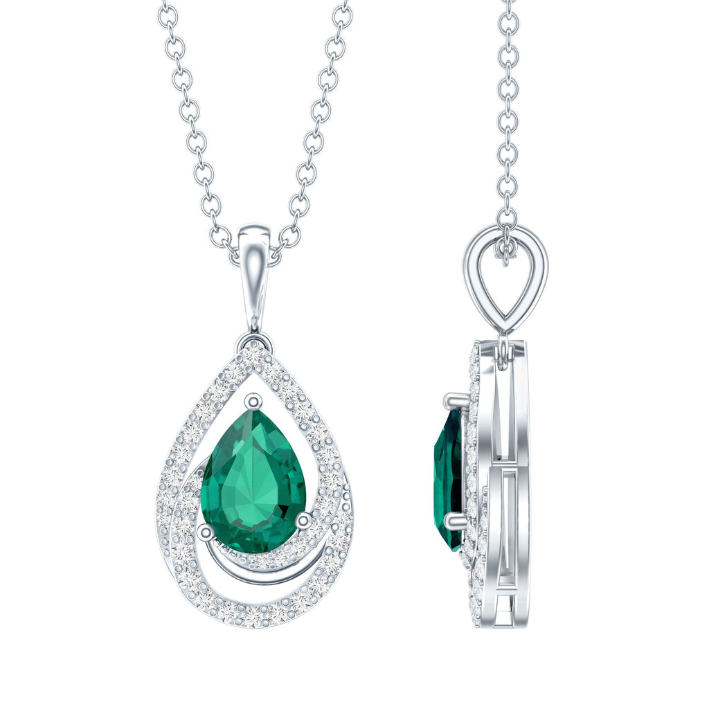 Sterling Silver 0.7 Carat Lab Grown Emerald Teardrop Pendant Necklace with Moissanite