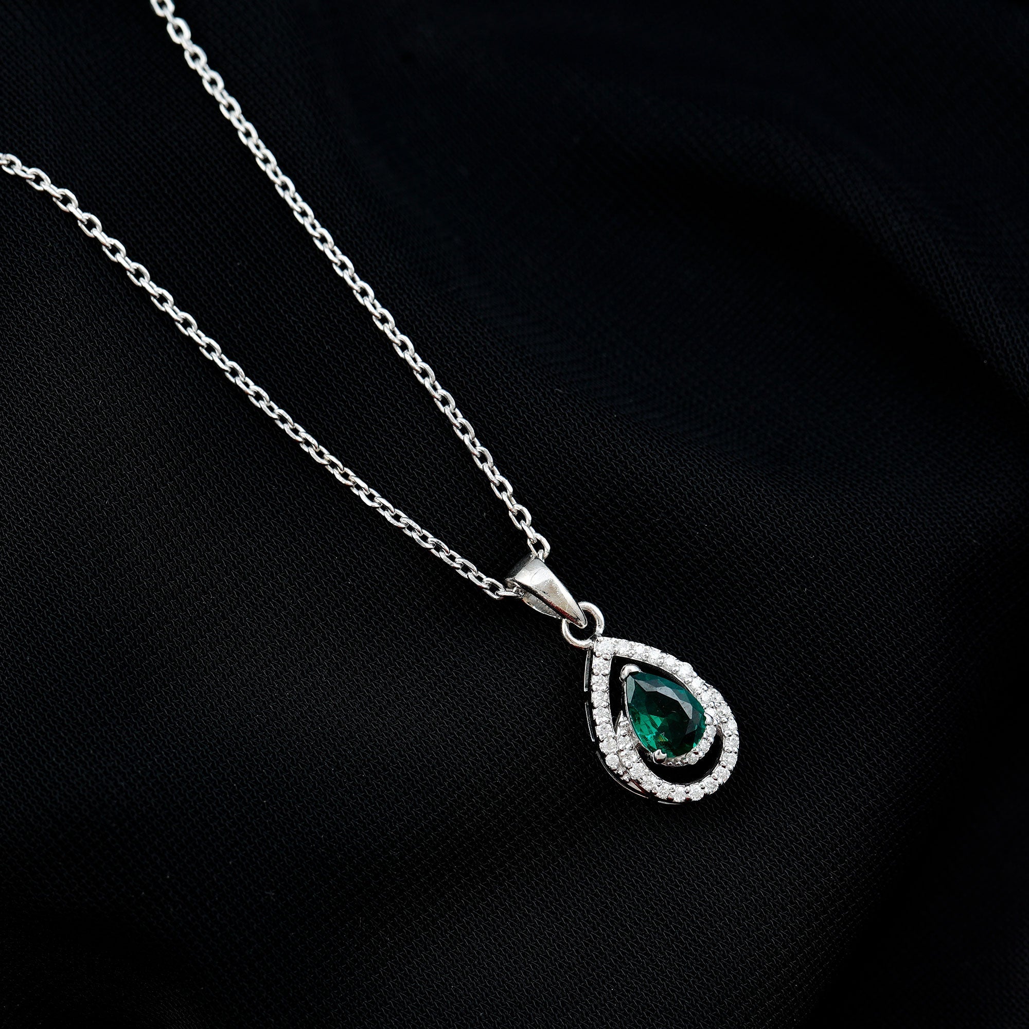 Sterling Silver 0.7 Carat Lab Grown Emerald Teardrop Pendant Necklace with Moissanite
