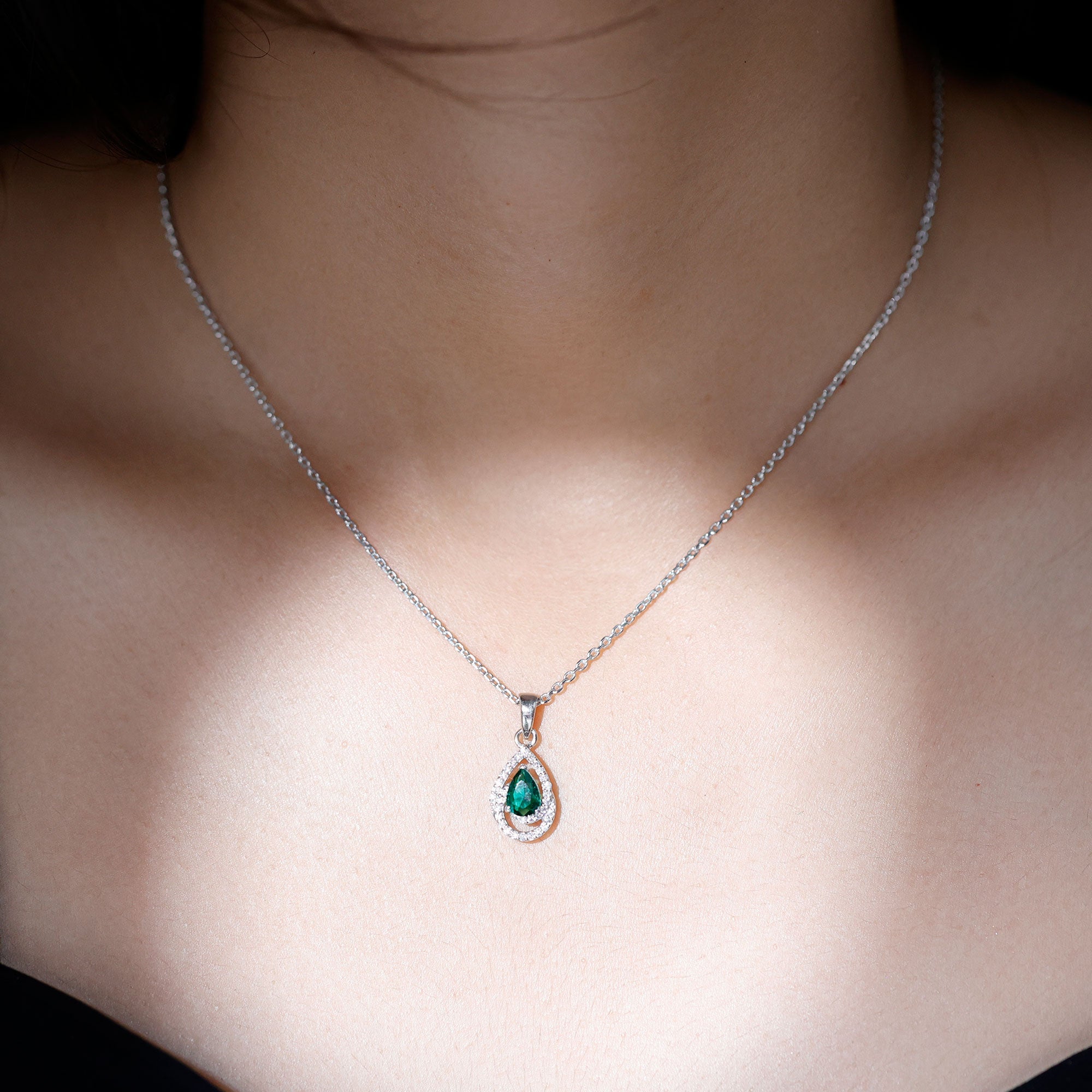 Sterling Silver 0.7 Carat Lab Grown Emerald Teardrop Pendant Necklace with Moissanite