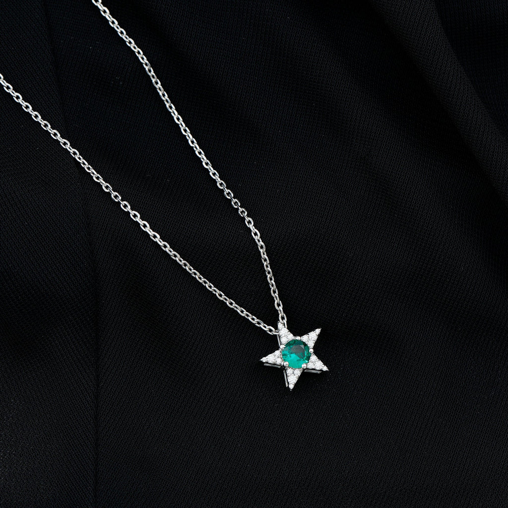 Sterling Silver 0.8 Carat Lab Grown Emerald Star Necklace with Silver Chain