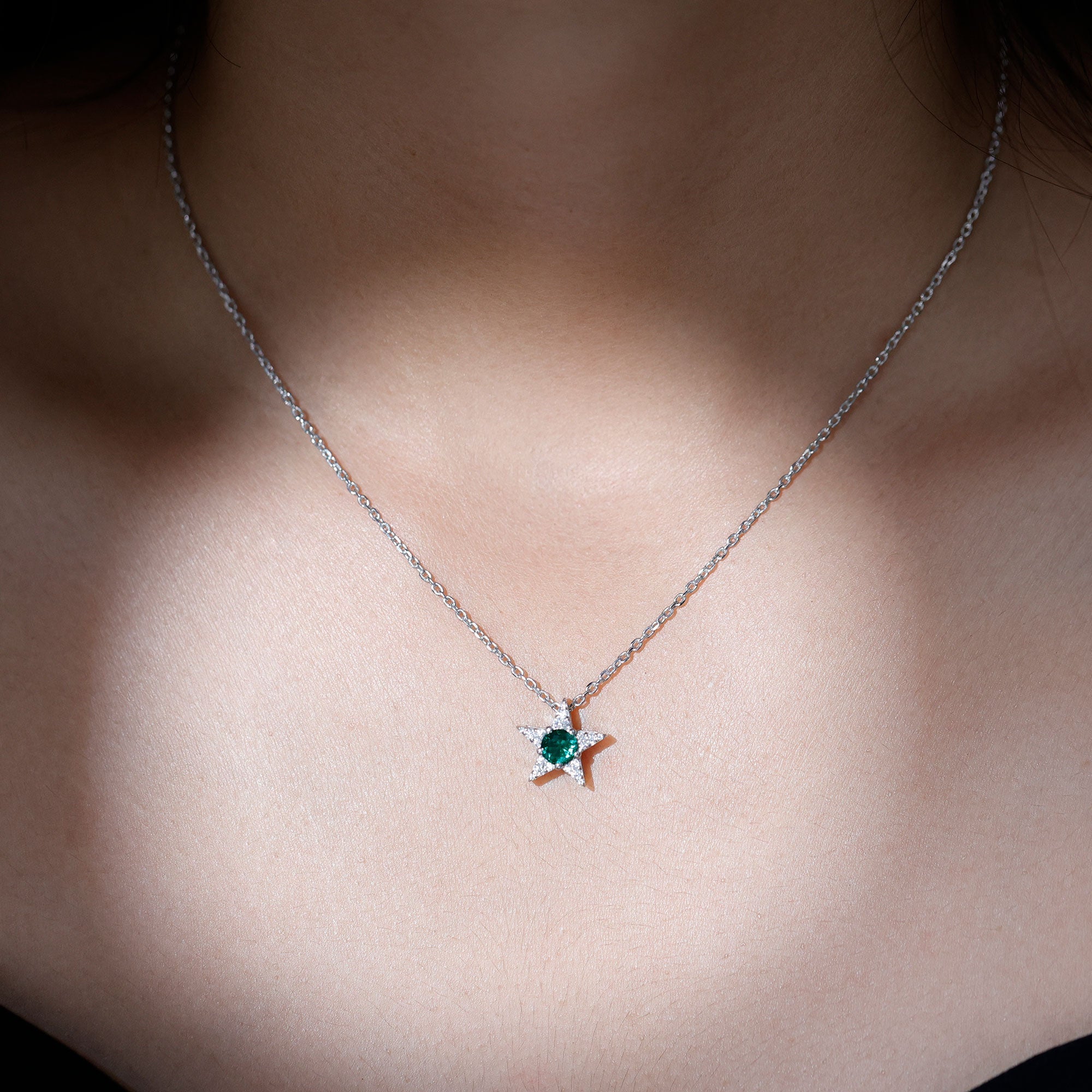 Sterling Silver 0.8 Carat Lab Grown Emerald Star Necklace with Silver Chain