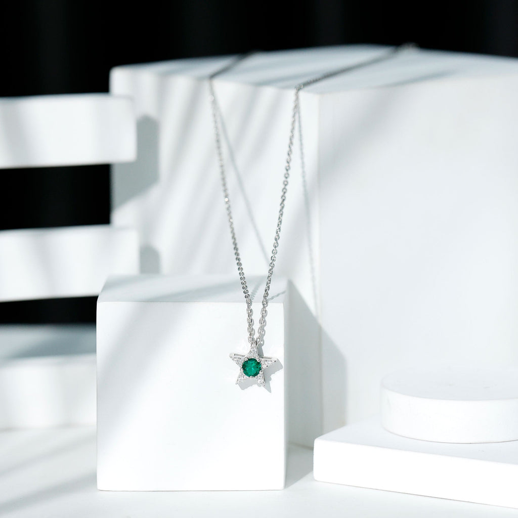 Sterling Silver 0.8 Carat Lab Grown Emerald Star Necklace with Silver Chain
