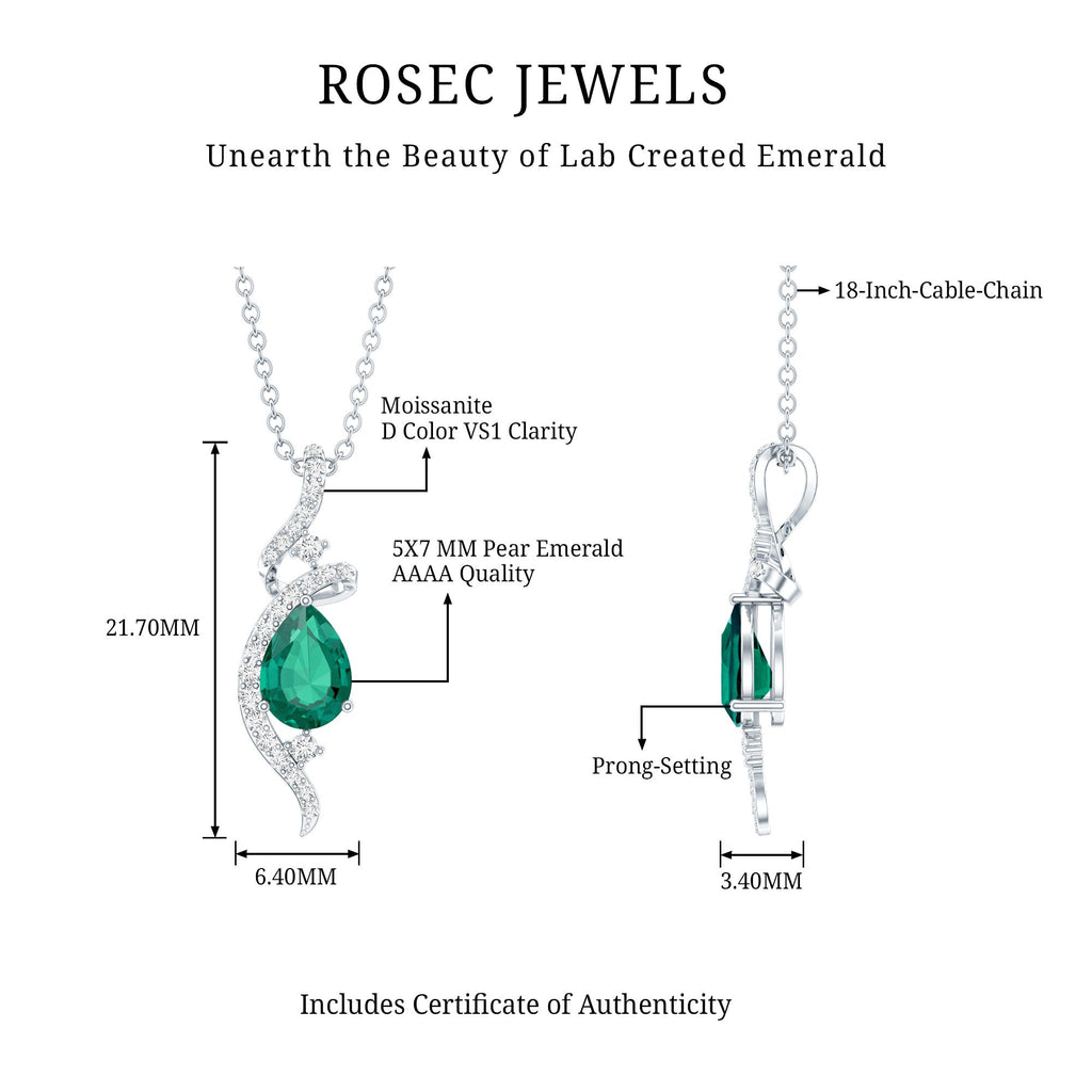 Designer 0.7 Carat Lab Grown Emerald Pear Shaped Necklace in Silver