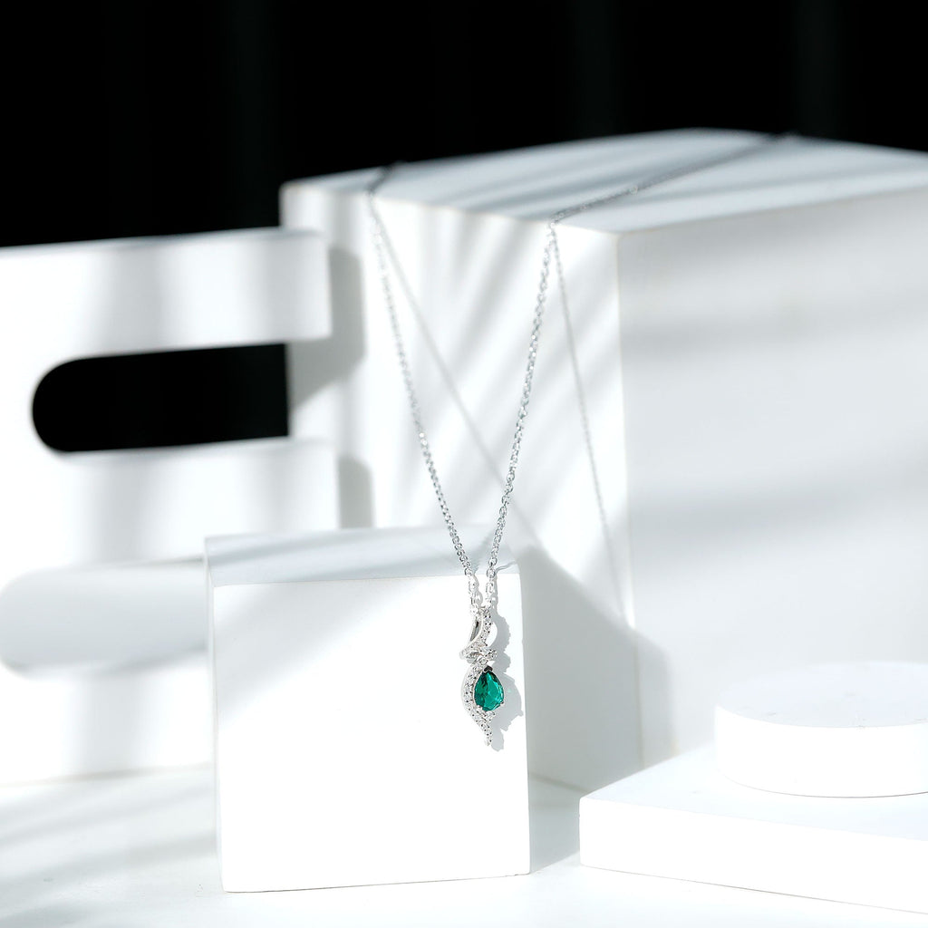 Designer 0.7 Carat Lab Grown Emerald Pear Shaped Necklace in Silver