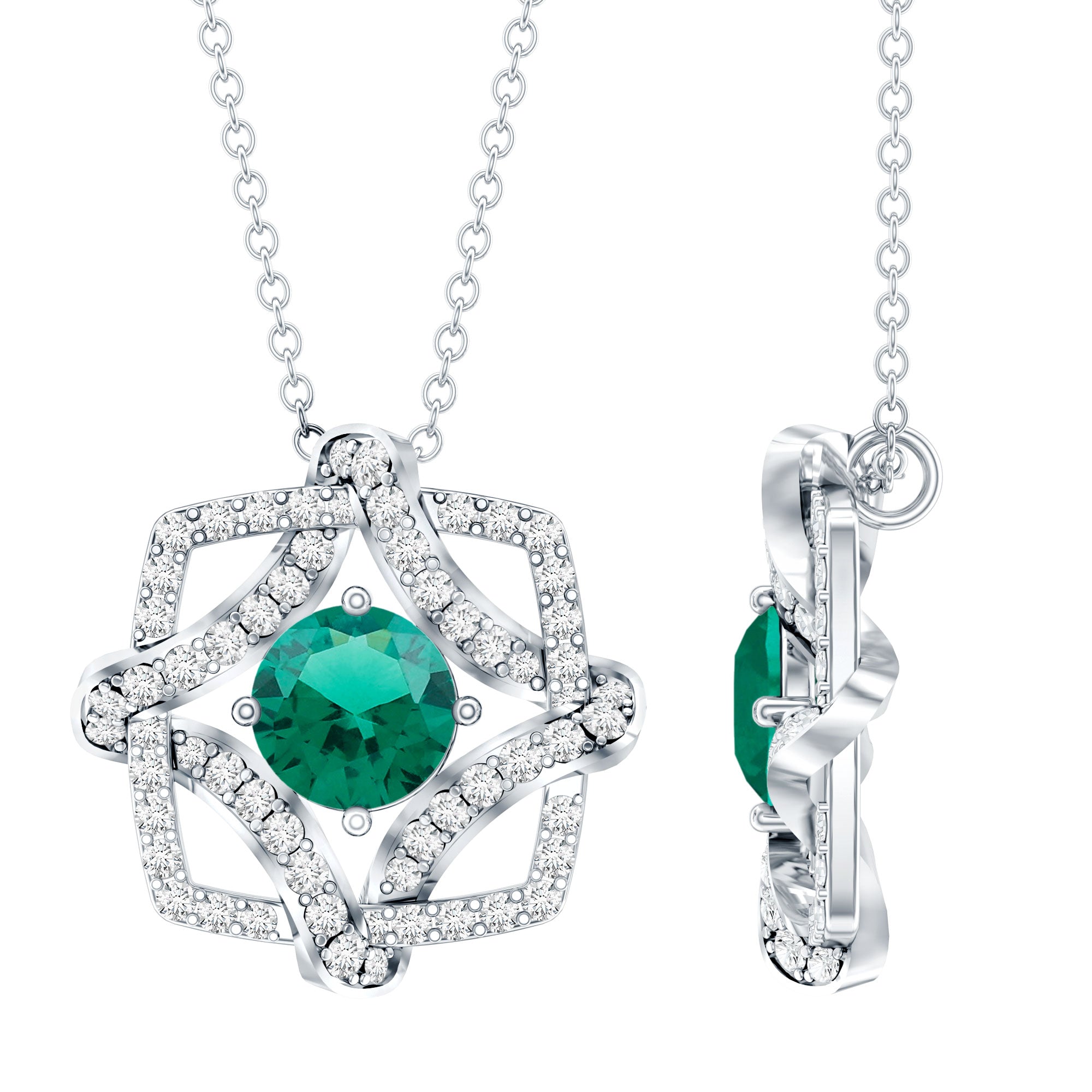 Certified 0.8 Carat Lab Grown Emerald Interlock Necklace with Silver Chain
