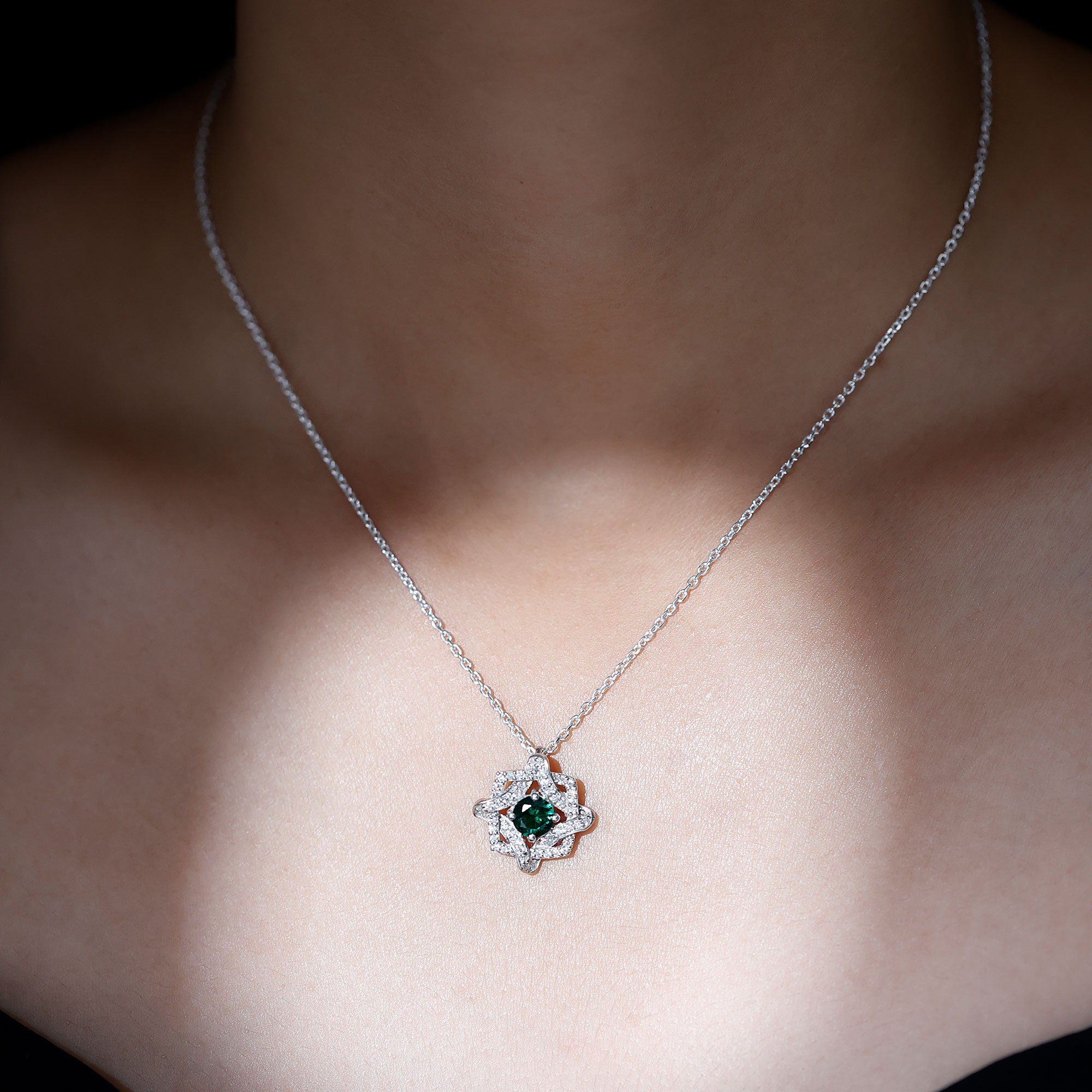 Certified 0.8 Carat Lab Grown Emerald Interlock Necklace with Silver Chain