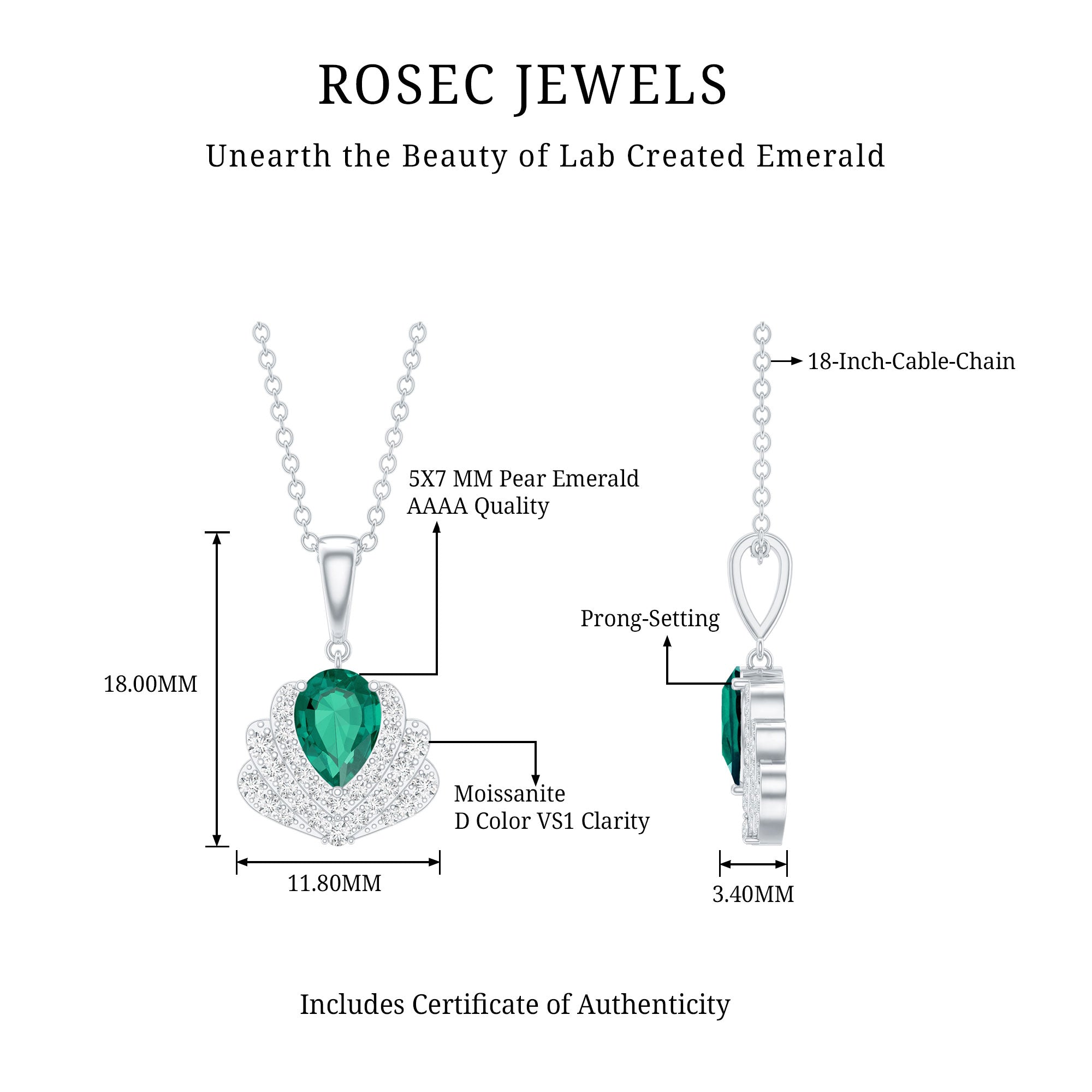 Sterling Silver Pear Shape Lab Emerald Statement Necklace for Wedding
