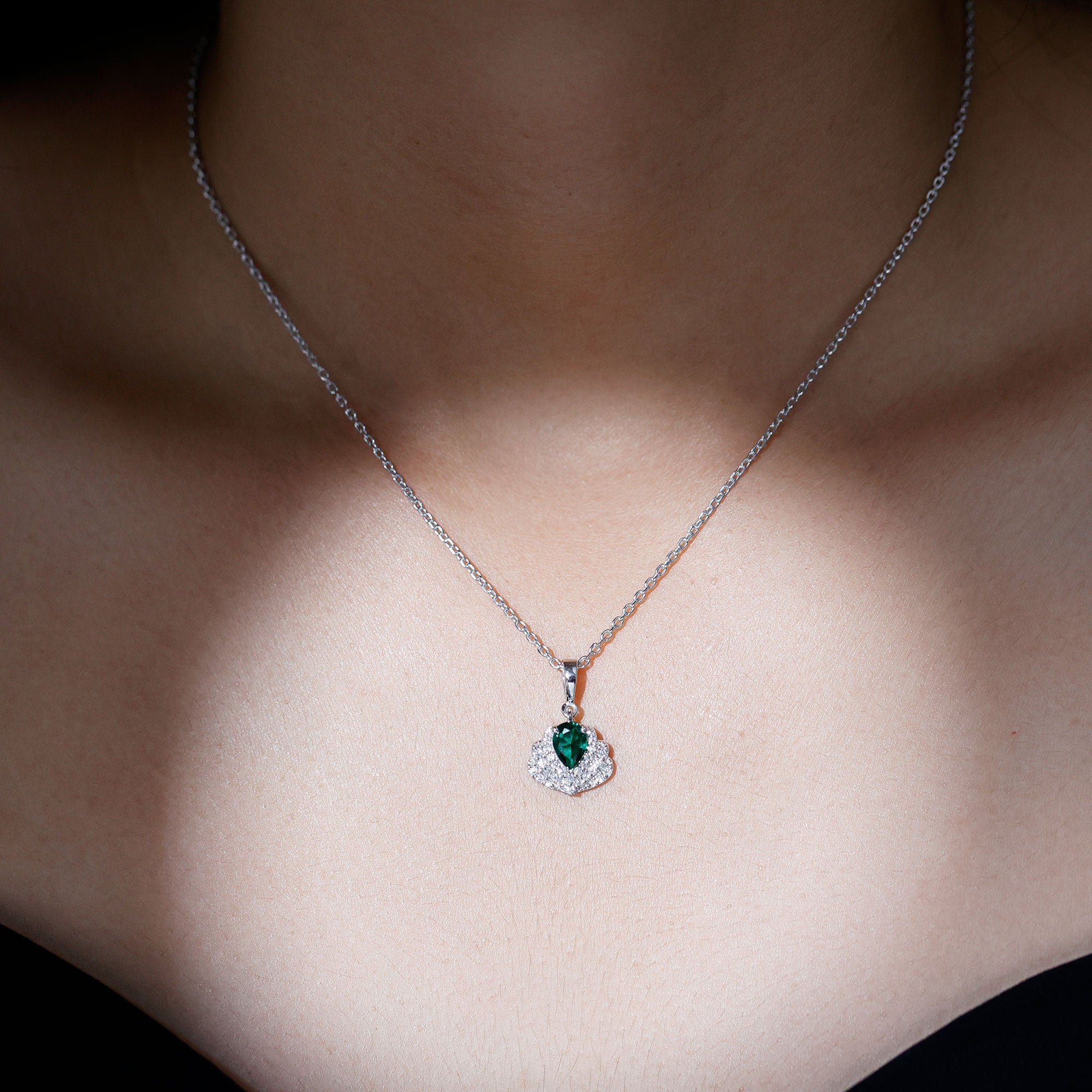 Sterling Silver Pear Shape Lab Emerald Statement Necklace for Wedding