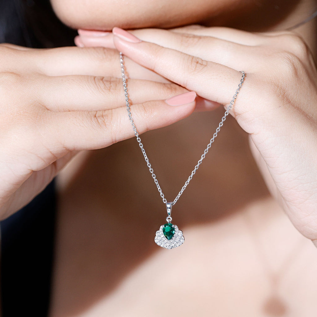 Sterling Silver Pear Shape Lab Emerald Statement Necklace for Wedding
