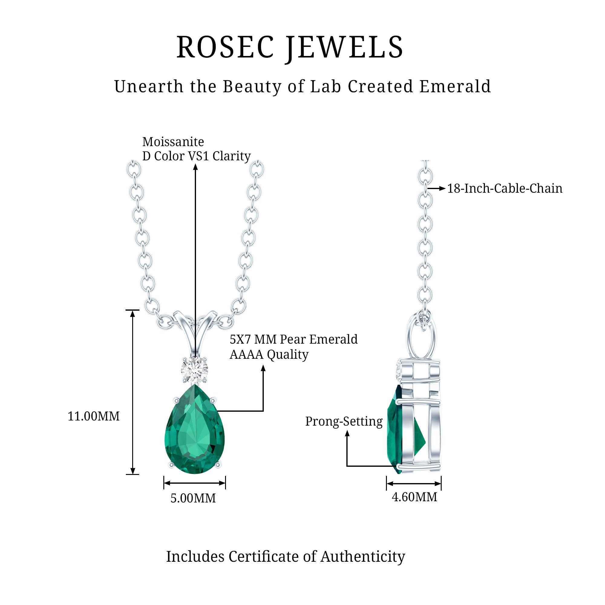 Certified 0.7 Carat Lab Grown Emerald Teardrop Necklace with Silver Chain