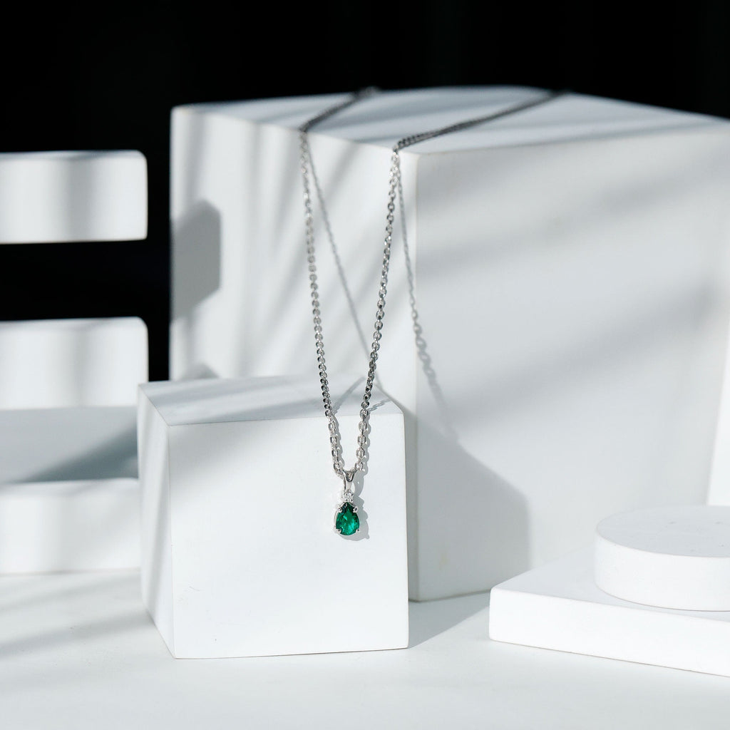 Certified 0.7 Carat Lab Grown Emerald Teardrop Necklace with Silver Chain