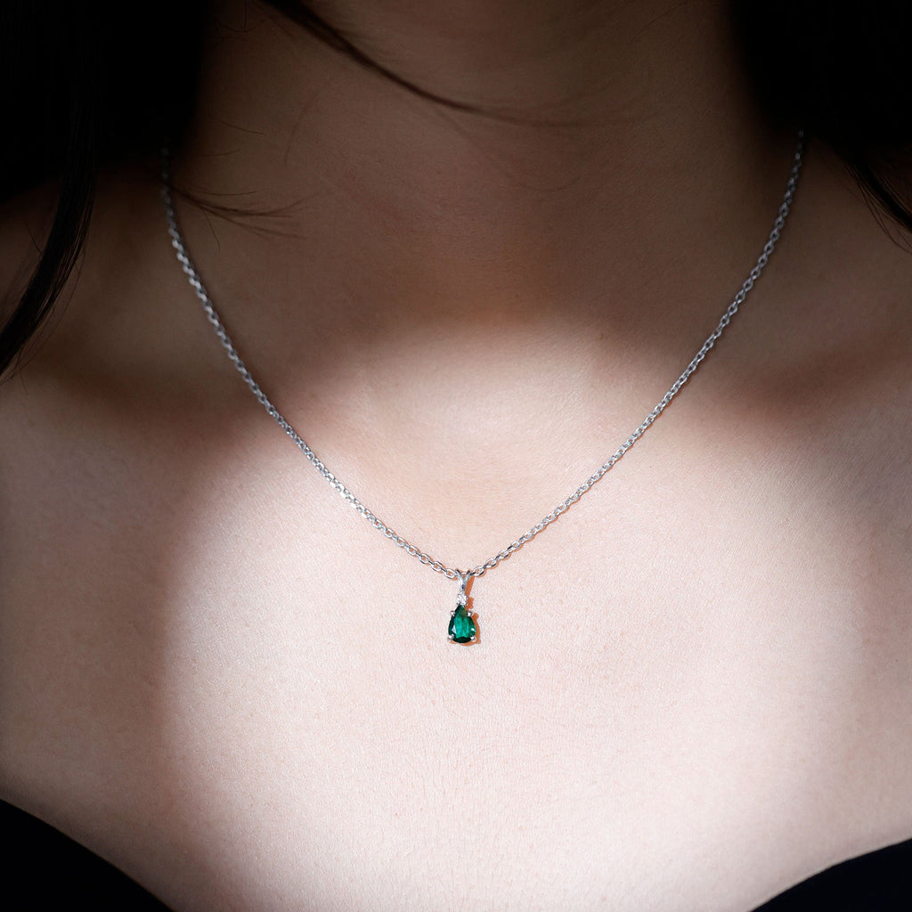 Certified 0.7 Carat Lab Grown Emerald Teardrop Necklace with Silver Chain